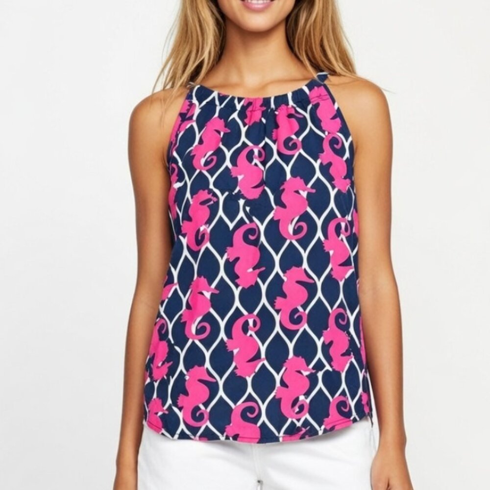 NWOT Size M Escapada Women's Seahorse navy blue and pink sleeveless tank top.